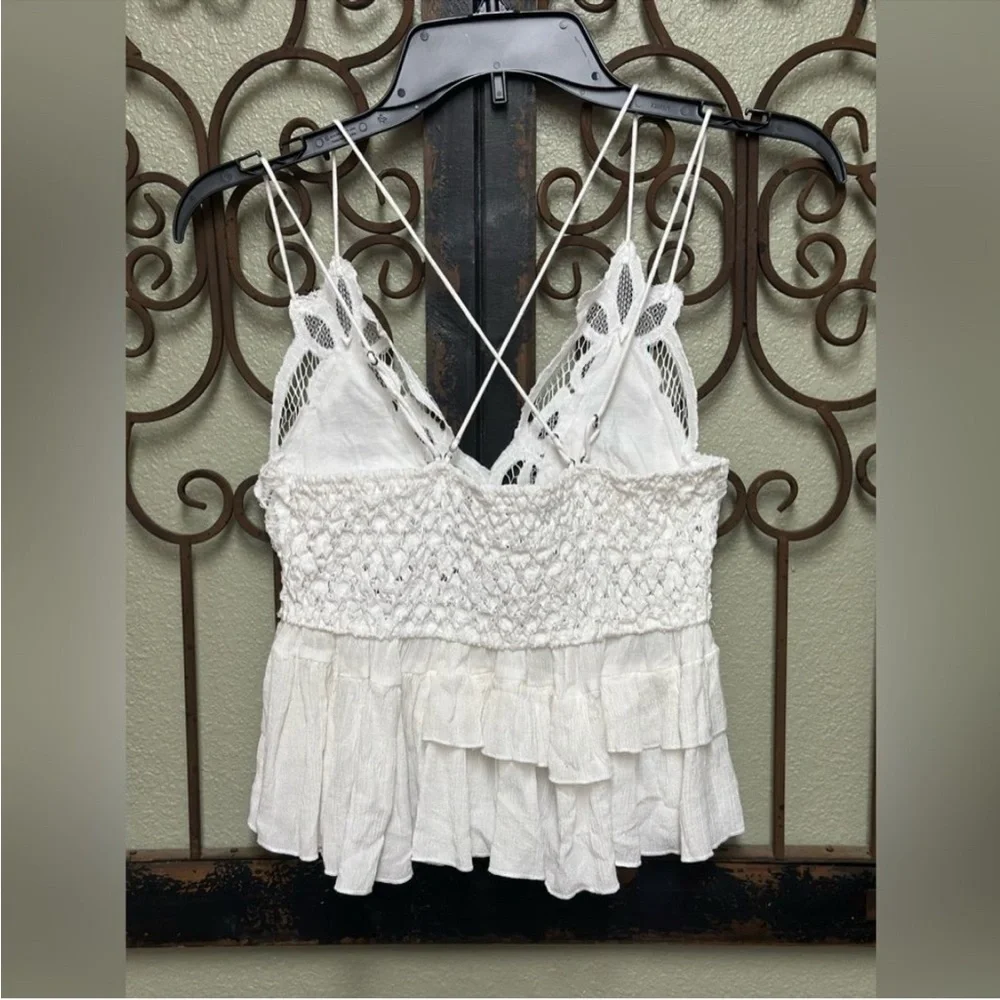 Free People Adele White Lace Spaghetti Strap smocked ruffle vneck Top